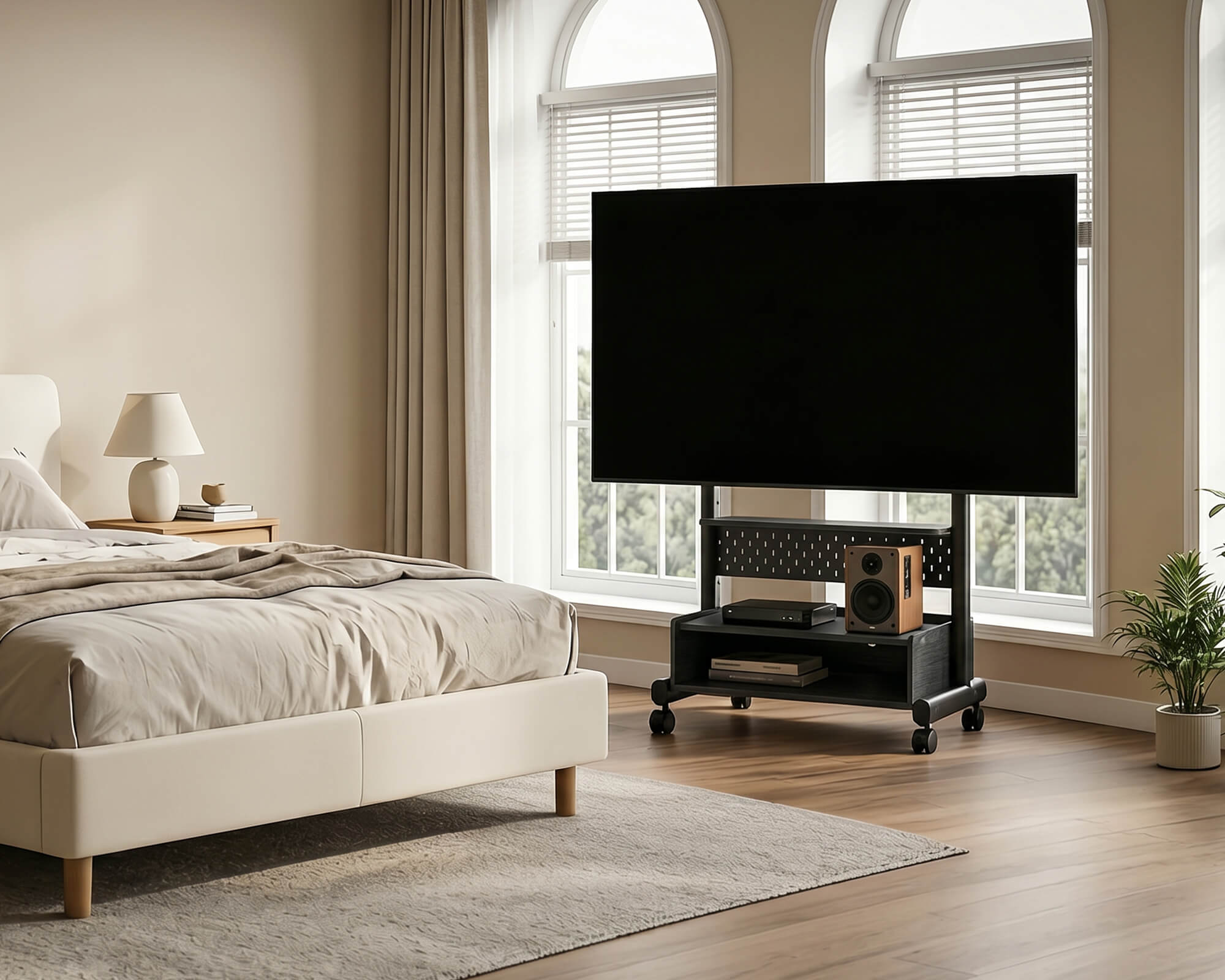 FITUEYES TV Ständer mit Rollen in Schwarz für 55 Zoll Fernseher im Schlafzimmer.