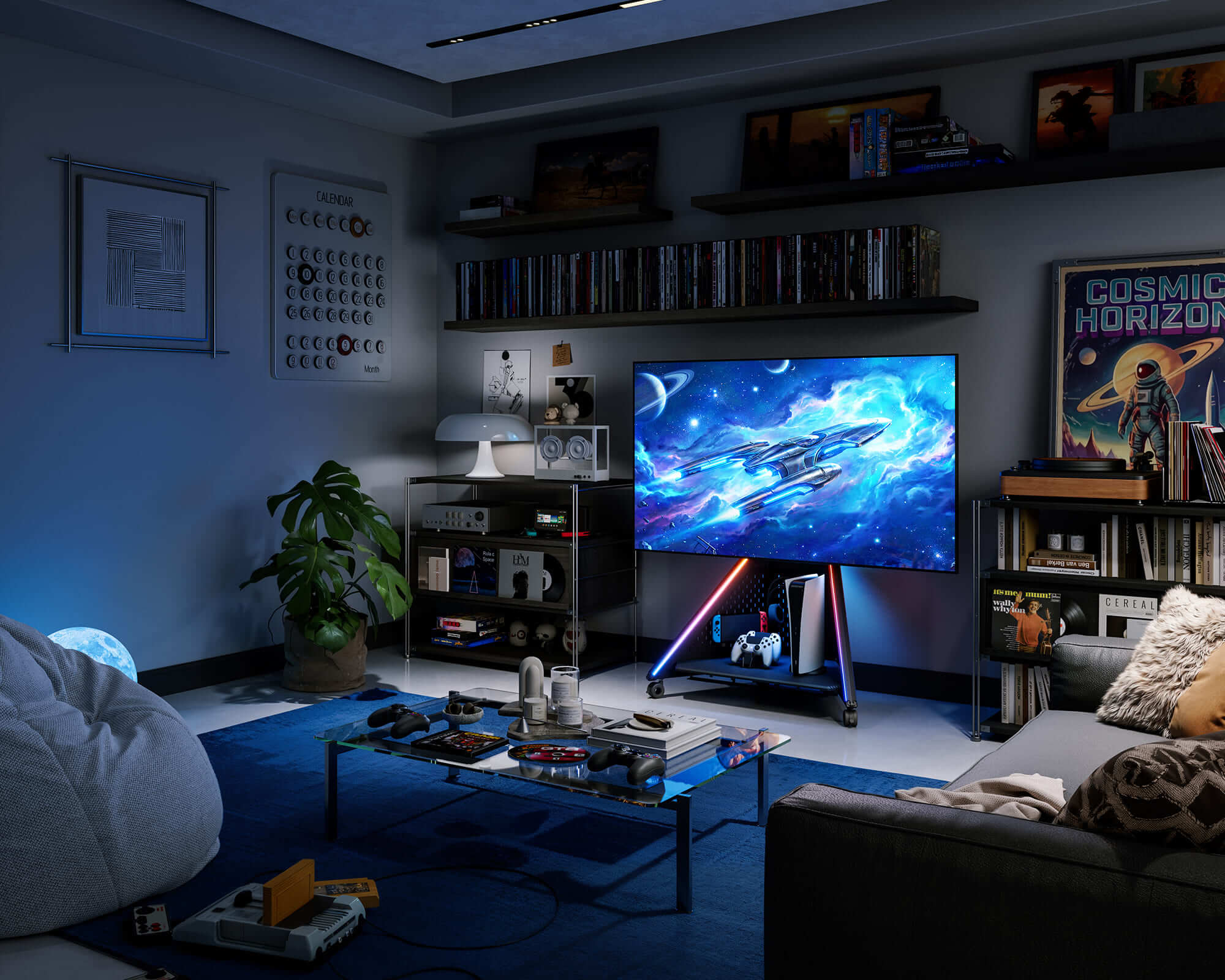 TV stand in the living room gaming area, height-adjustable and sturdy for TVs 32–65 inches