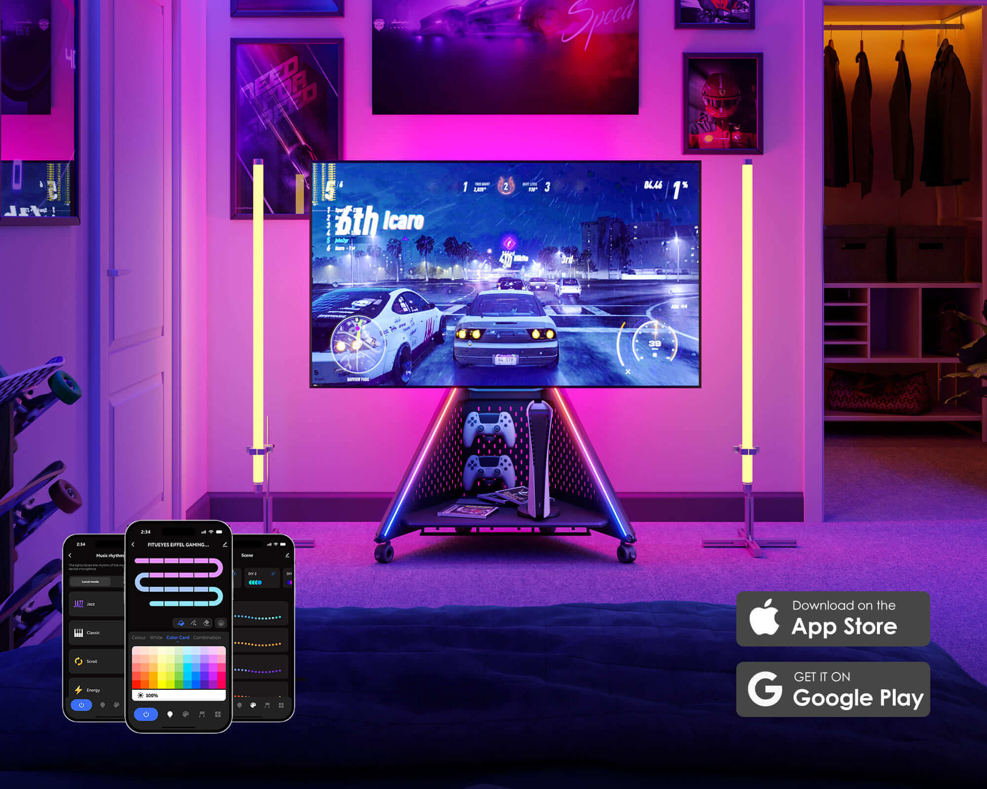 TV stand on wheels with app light control, mobile gaming atmosphere