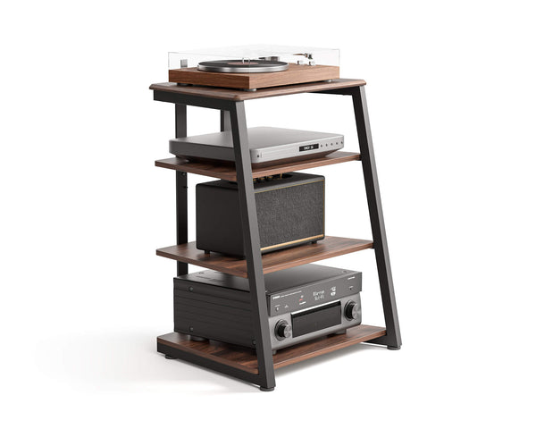 Mobile HiFi indipendente in metallo e legno con più ripiani, isolato su sfondo bianco.
