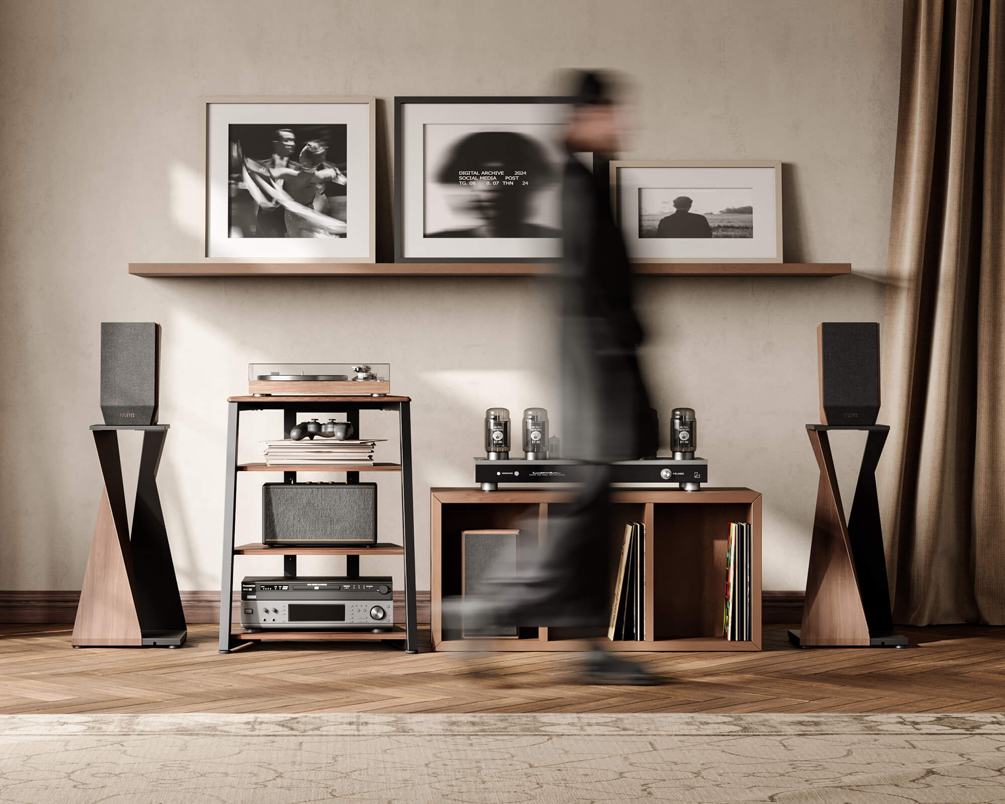 Mobile audio per il soggiorno per la sistemazione ordinata di apparecchi HiFi e dischi in vinile.