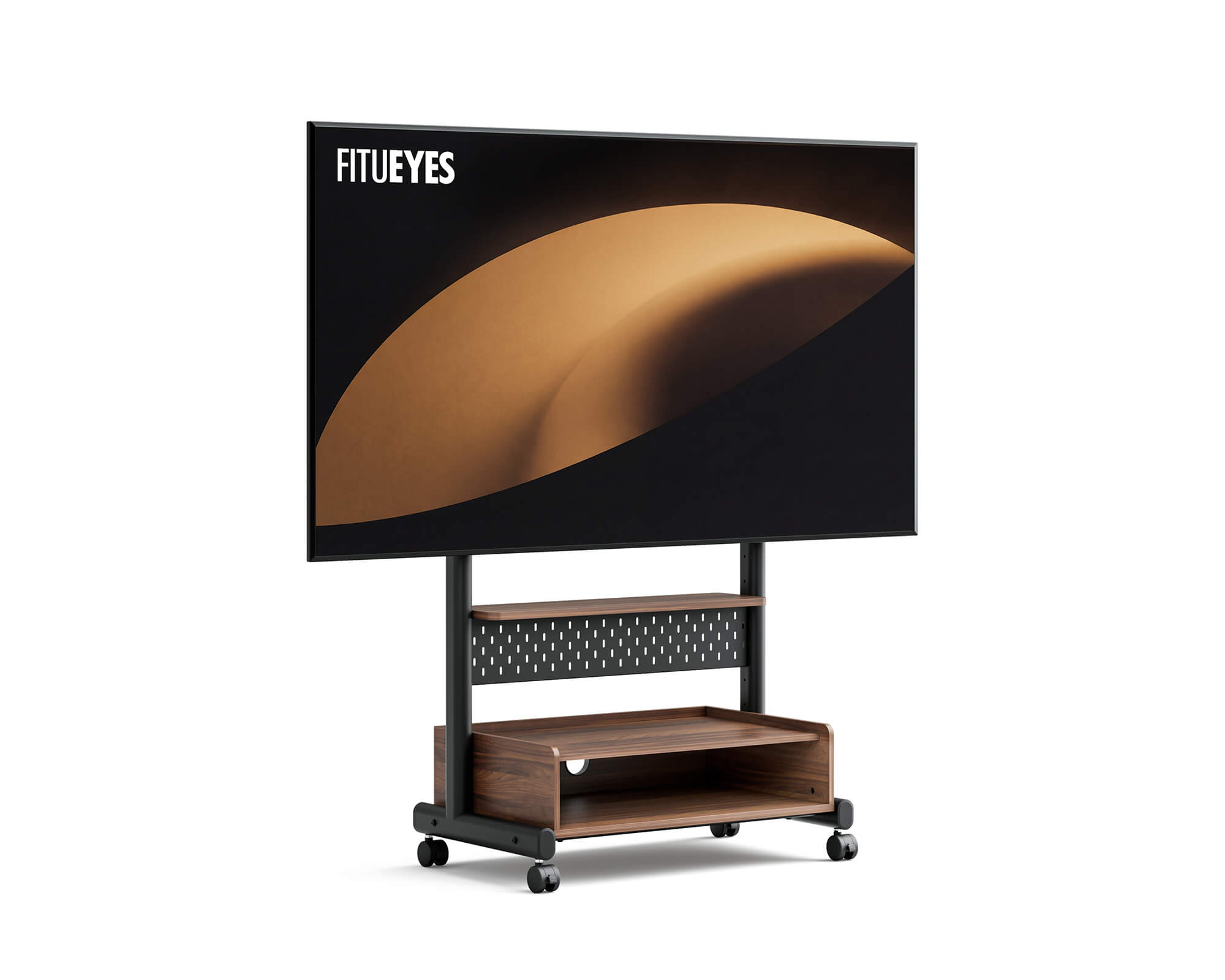 Höhenverstellbarer TV Wagen mit Rollen, integriertem Pegboard und Ablagefach.