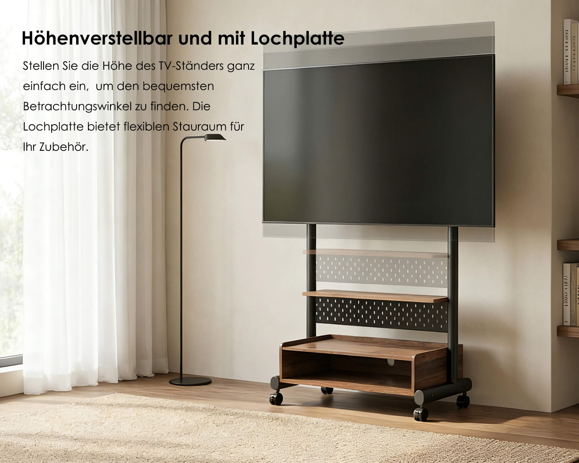 Höhenverstellbarer TV Wagen mit Lochwand für optimalen Blickwinkel