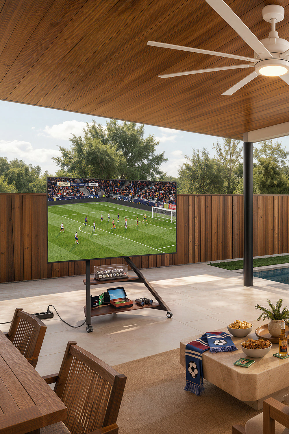 Eiffel tragbarer TV-Ständer für den Außenbereich FIFA FITUEYES Am Pool