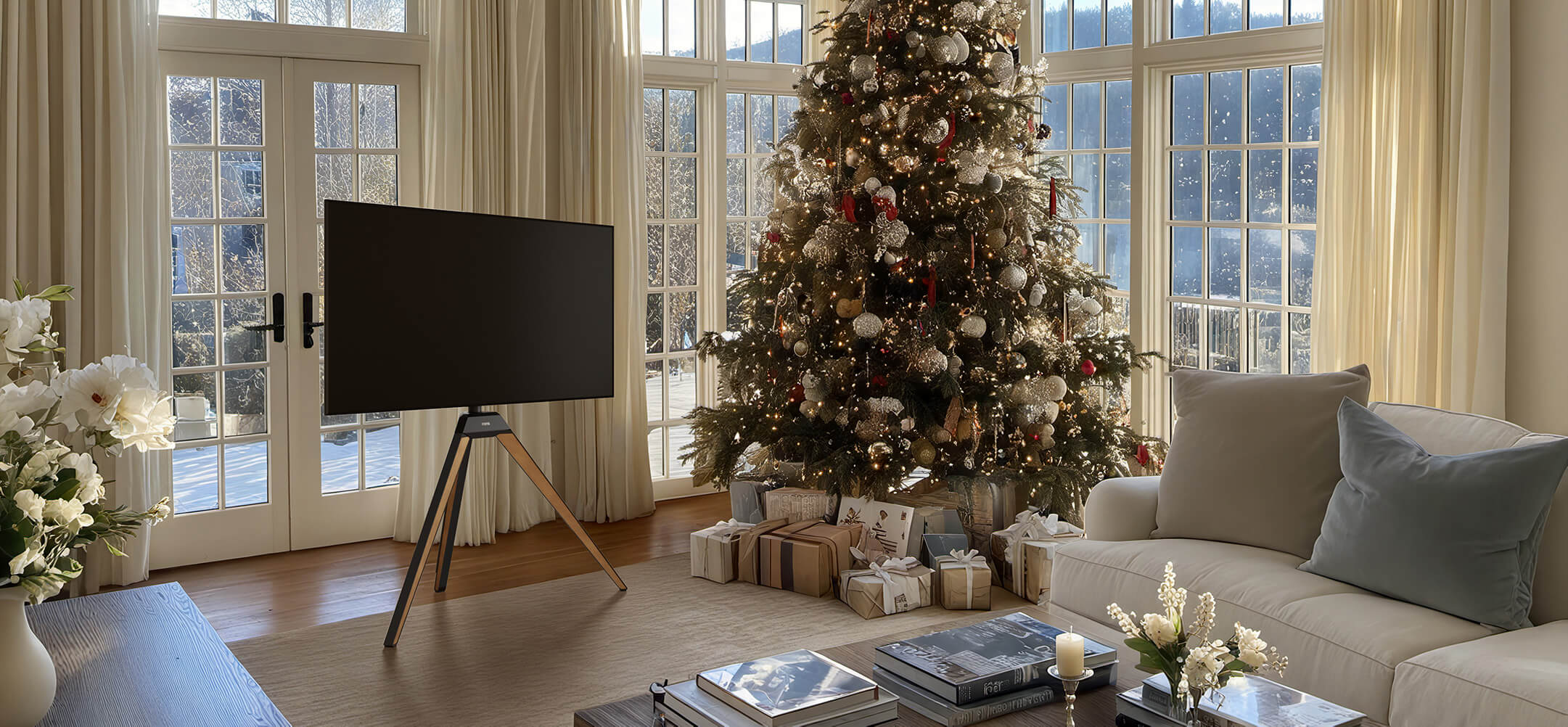 Natur TV-Staffelei aus Holz im Wohnzimmer