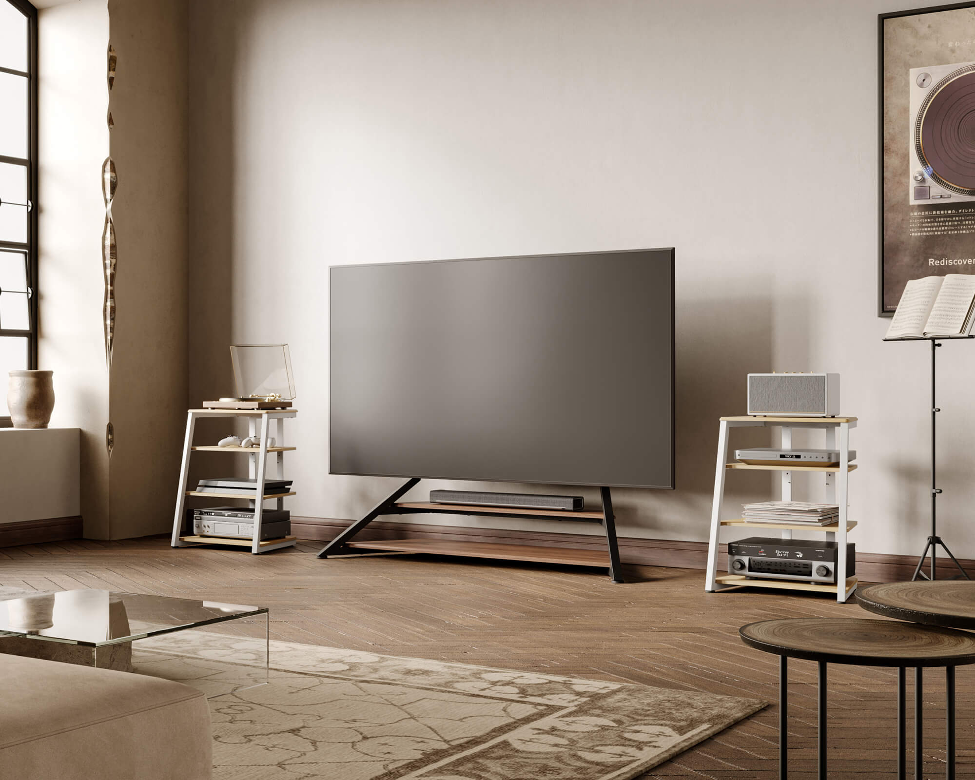 Eiffel Audio Stand und TV Ständer aus Holz und Matell im Wohnzimmer FITUEYES