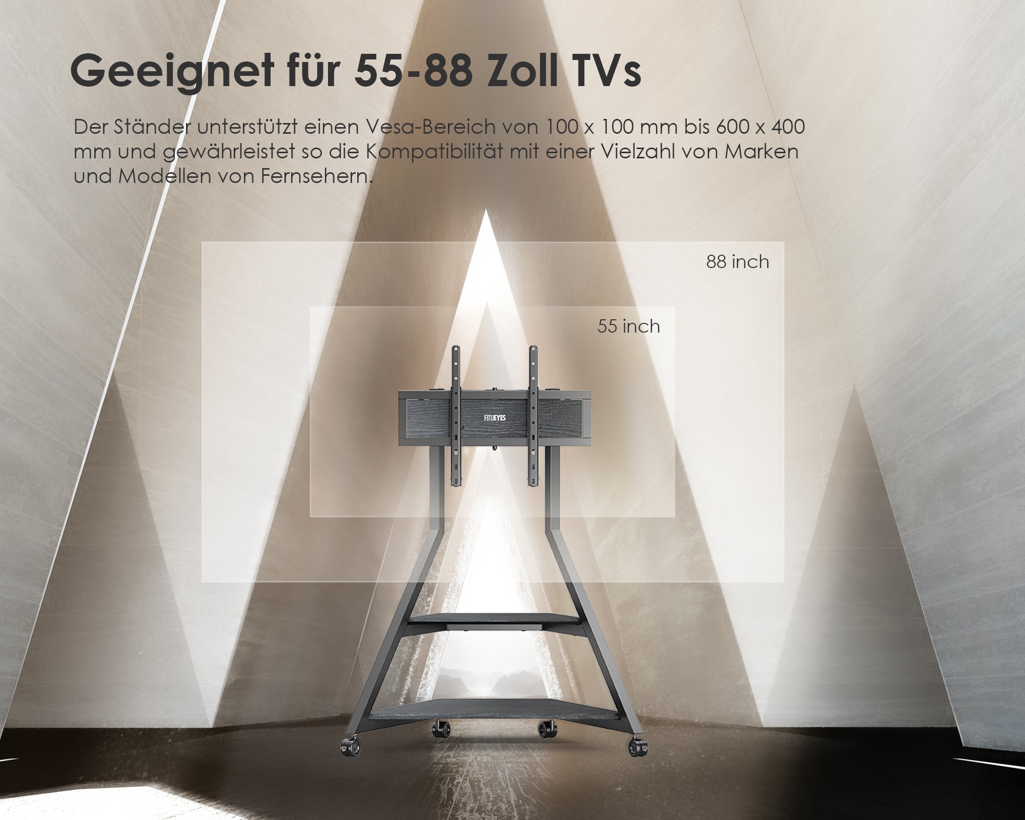 Schwarzer TV-Ständer mit Rollen für 55–88 Zoll Fernseher