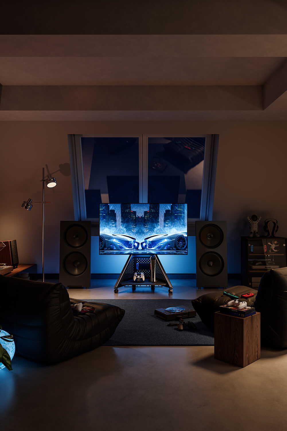 Gaming TV Ständer mit Rollen und Speakerstand im Dachboden