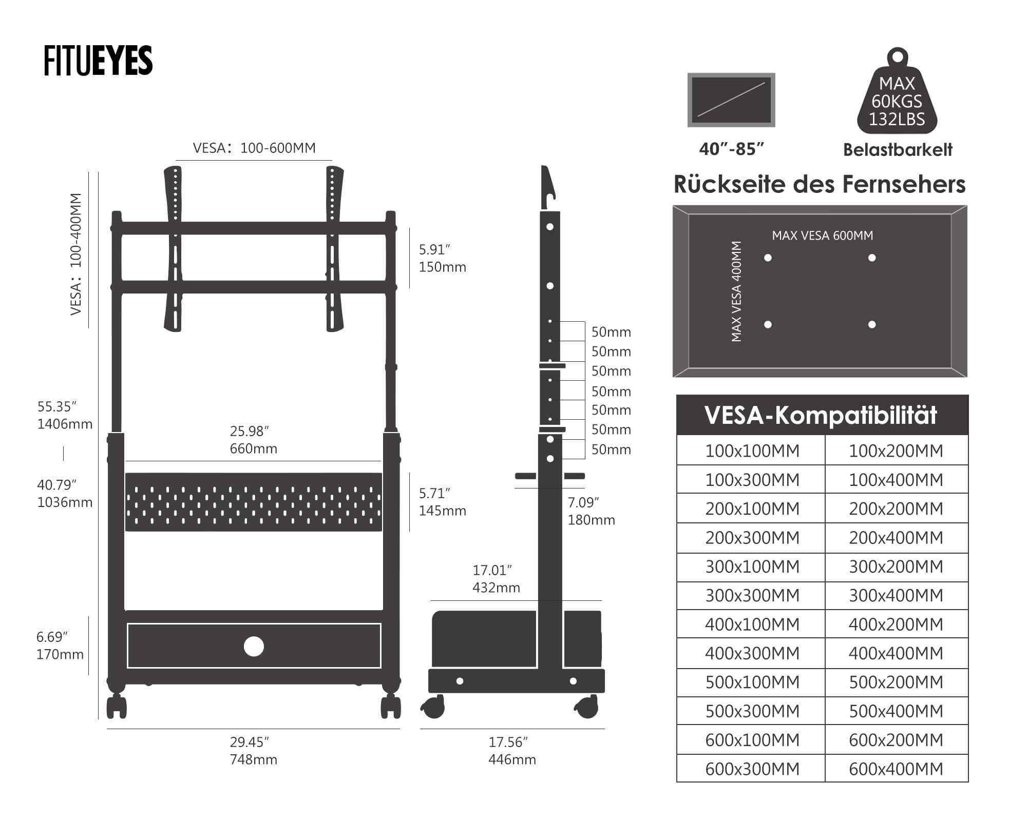 Mobiler FITUEYES TV Wagen in Schwarz für flexibles Fernsehen