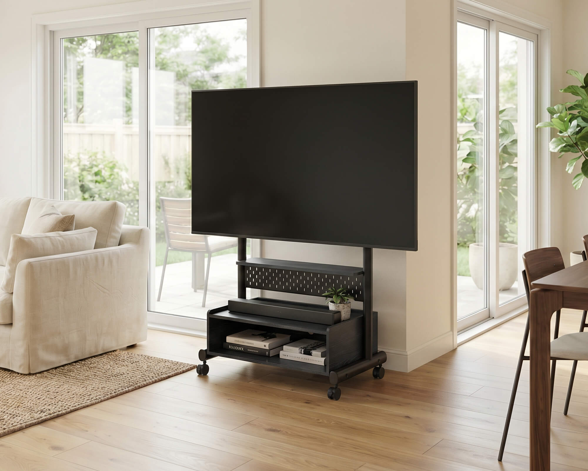 Flexibler FITUEYES TV Wagen in Schwarz für einfaches Verschieben im Raum.