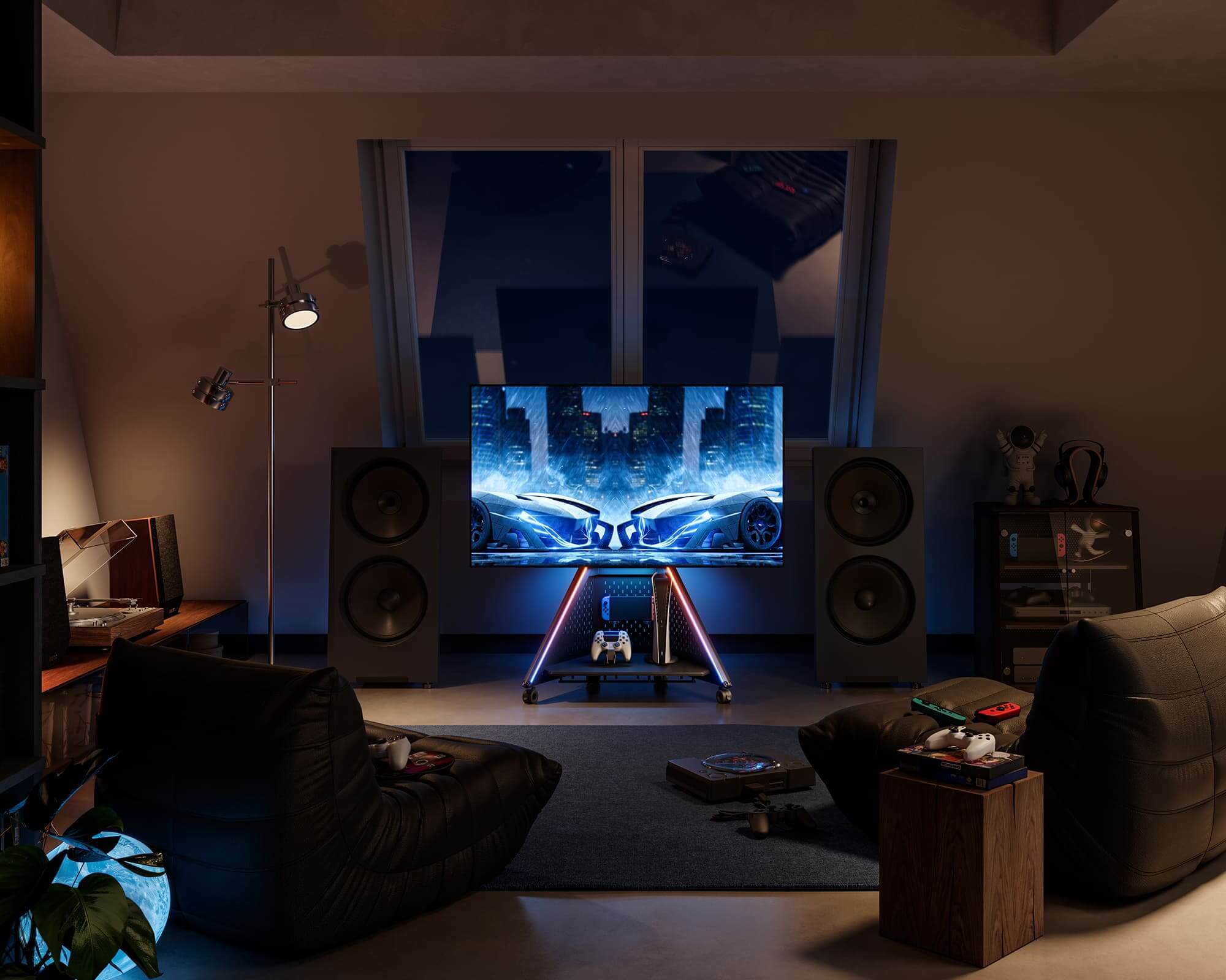 TV stand for 32–65 inch television in the attic gaming room, sturdy design with wheels