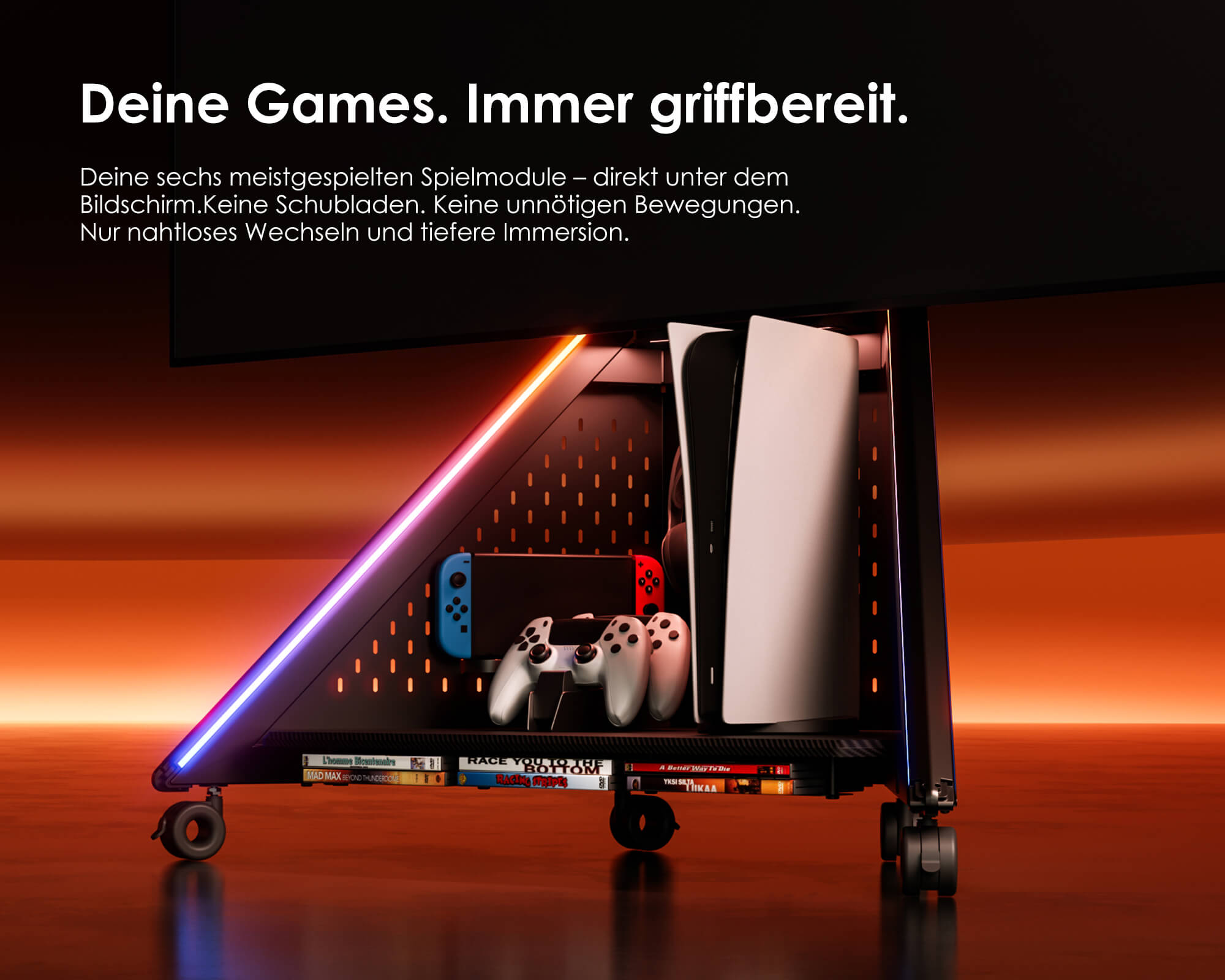 TV stand with wheels and cassette storage in the base, expandable structure