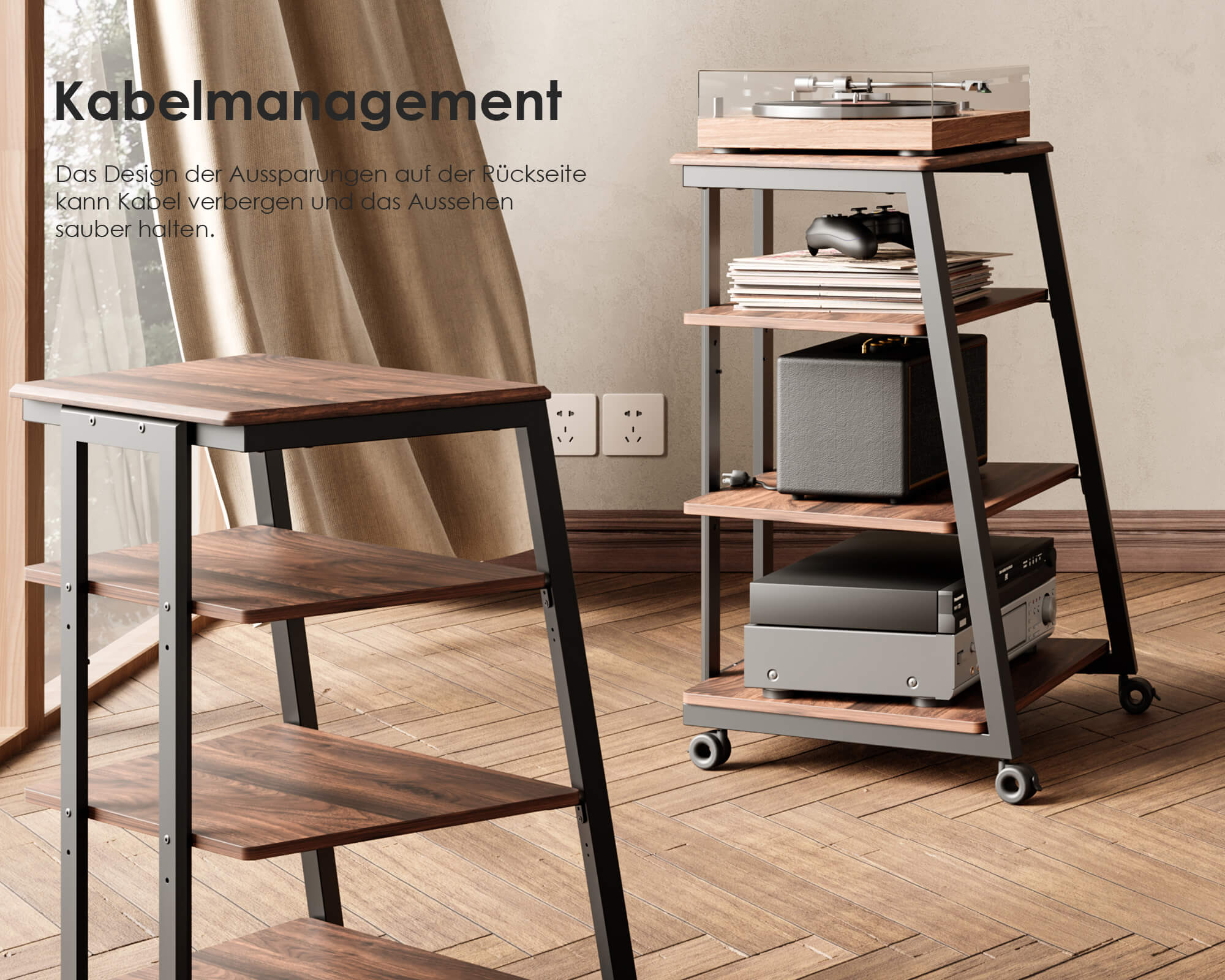 HiFi Audio Rack mit rückseitigen Kabelaussparungen zur sauberen und unsichtbaren Kabelführung.