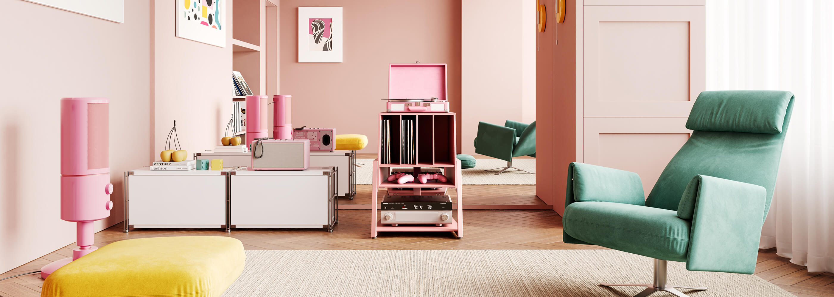 Eiffel Rosa Tisch für Plattenspieler im Wohnzimmer